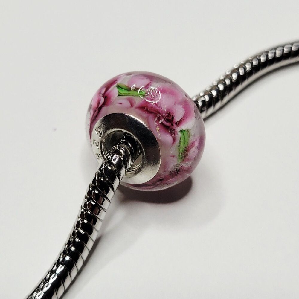 NWT For Pandora Charm Bracelet 925 Sterling Silver Murano Glass Flower Bead Pink